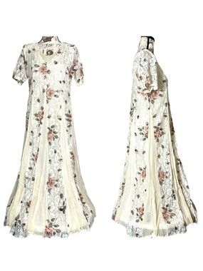 Vintage 80s Starina Cream Floral Lace Layered Boho Maxi Dress Short Sleeve Small